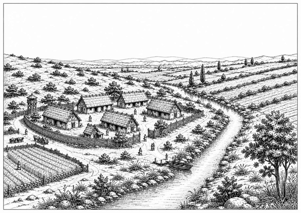 le village de Moon au bord de l'Elle, dessin avec l'assistance de l'IA (GL)